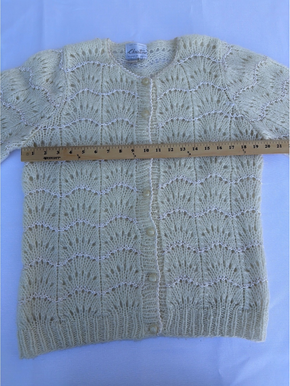Christine Women's Size M Ivory Hand Knit Wool Blend Pearl Beaded Cardigan - Picture 3 of 7